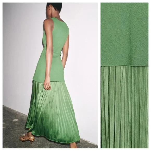 NWOT. Massimo Dutti Green Viscose Blend Pleated Combination Midi Dress.  Size M. Women